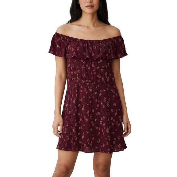 LOFT Outlet Burgundy Floral Print Off Shoulder Ruffle Mini Dress Large - Picture 1 of 10